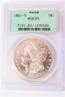 Coin 1881-S Morgan Silver Dollar PCGS MS63 PL