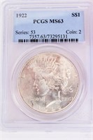 Coin 1922-P  Peace Silver Dollar PCGS MS63