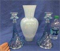 hand made italy vase & pair of blue candle sticks