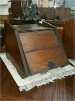 TWO WOODEN COAL BOXES, ONE WITH CARVINGS, ONE