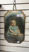 ANTIQUE BEVELED GLASS FRAME WITH BABY PORTRAIT,