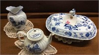 ORIENTAL TEAPOT, FLOW BLUE VASE,AND BLUE AND