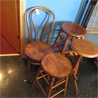 2 wood stools, wood chair & small table