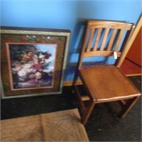 Wood chair & 2 framed pictures