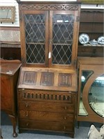 FITTED DROP FRONT BUREAU BOOKCASE, LEADED GLASS
