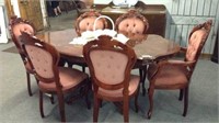 7 PIECE FRENCH INLAID DINING TABLE WITH 6 CHAIRS,