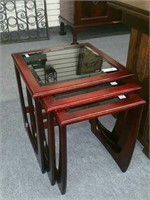 MID CENTURY NEST OF TABLES WITH GLASS INSERTS,
