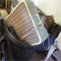 2 garbage cans, fan, contents in cans