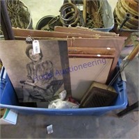 Tote of pictures, wood poles, pop corn popper