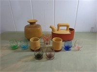 Clay Teapot & (2) Cups, Yellow Ceramic Vase &