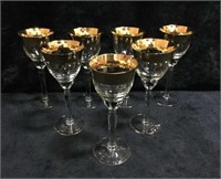 7 Crystal Wine Glasses with Gold Rims and Gold