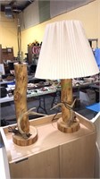 Pair of rustic wood in deer antler table lamps