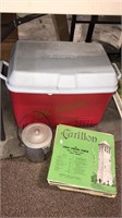 Rubbermaid cooler, camping coffee maker, vintage