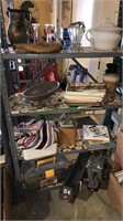 Shelf of items left including pottery jug, slop