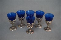 Cobalt Blue Glass Pewter Stem Cordial Set of 6