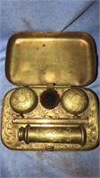 Antique brass inkwell set, the leather has worn