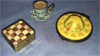 Enameled hat box, Monet tea cup, travel ashtray,