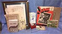 Group lot of paper items, military whistle, US