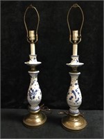 2 Blue Ceramic and Brass Lamps
