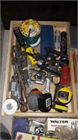 FLAT OF MISC. TOOLS w/ TAPE MEASURERS