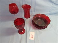 Red Glass Serving Bowl/ Tray & Wine Glass