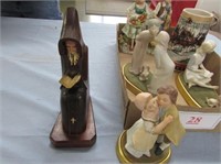 Budweiser mug, wooden priest figurines,