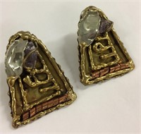 Pair Of Brass, Copper & Amethyst Earrings