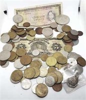 Selection of Foreign Coins & 2 paper foreign