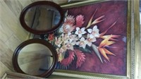 2 OVAL MIRRORS AND BIG FLOWER PICTURE
