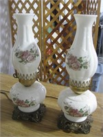 2 vintage hurricane style lamps with pink roses