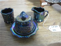Set of 3 miniature Blue carnival glass