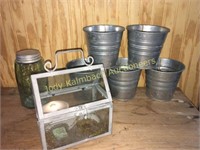 5 heavy galvanized tin buckets & terrarium