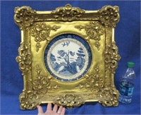 gold framed old blue willow plate