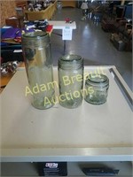 3 antique Masons 1870 butter glass jars & lid