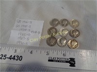 Collection of 9 Silver Mercury Dimes
