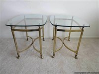 Pair Of Glass Top Brass End Tables