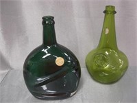 2 Vintage Green Glass Bottles
