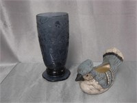 Blue Glass Vase & Ceramic Bird Candleholder