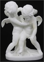 Marble Sculpture of 2 Putti Fighting Over a Heart