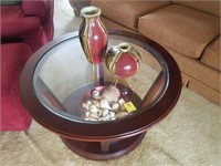 ROUND BEVELED GLASS TOP TABLE AND CONTENTS