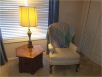 HEXAGON END TABLE, LAMP, WINGBACK CHAIR