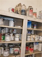 SHELVES FULL PAINTS, THINNERS, CLEANERS