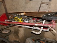 ASST. TOOL IN TOTE- LEVEL, SAW, WRECKING BAR