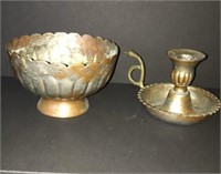 Set of Antique Metal Candle Holder & Bowl