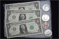 3 crisp $1 bills, 3 - Kennedy Half dollars ( '66,