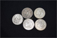 5 Morgan silver dollars - '88, '89, '99, 2 - '21