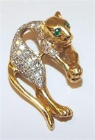 14k Gold & Diamond Tiger Pin With Emerald Eyes