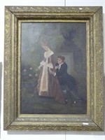 UNSIGNED ANTIQUE LADY & SUITOR OIL PAINTING