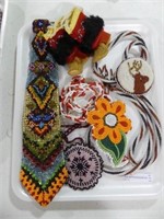 TRAY: NATIVE BEADWORK INCL. TIE, BOOTS, NECKLACES