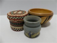 TRAY: 2 PC. NATIVE POTTERY & SM. WOVEN BASKET